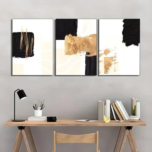 3pcs Black White and Golden Brush Stroke Designs Metal Print Ready to Hang Art