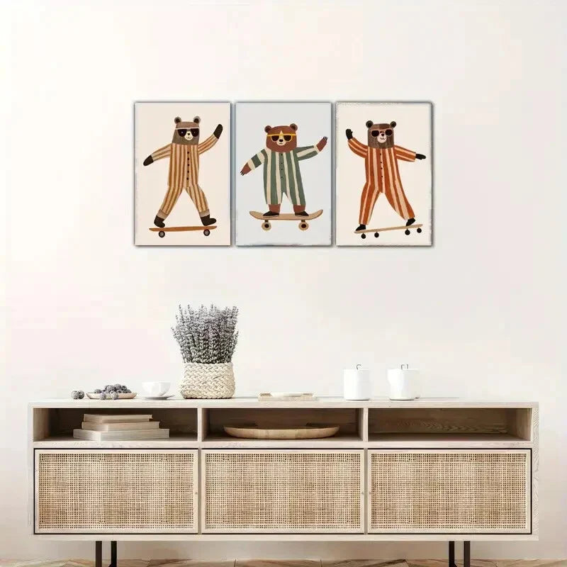3pcs Modern Whimsical Bear Skateboard Wall Art Metal Print Ready to Hang Art