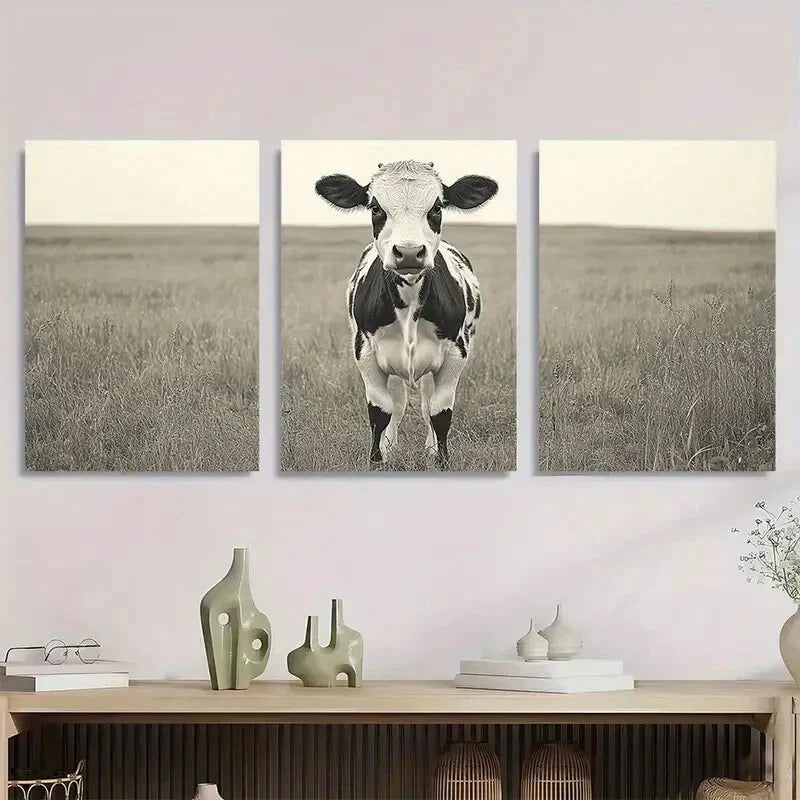 3pcs Black and White Cow Modern Farmhouse Style Metal Print Ready to Hang Art