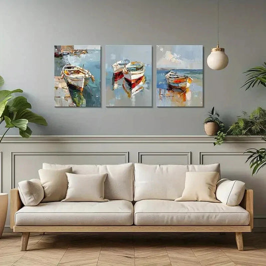 3pcs Abstract Coastal Boat Metal Print Ready to Hang Art