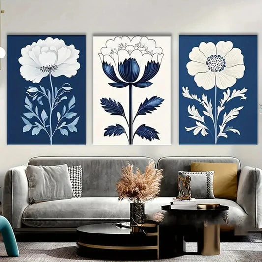 3pcs Blue & White Floral Modern Leaves Metal Print Ready to Hang Art