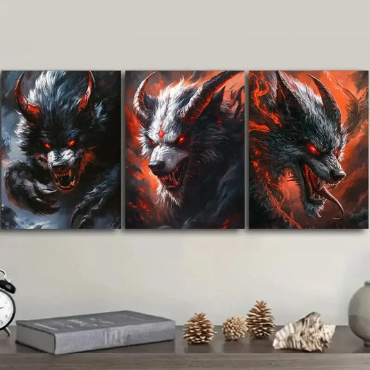 3pcs Dramatic Black & Orange Wolf Illustration Wall Art Set Canvas Framed 40x60cm - High Quality Print 100% Australian Made Wall Canvas Ready to Hang