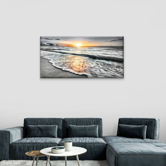 Beach Scene Sun Falls Wall Art Canvas Office Home Room Framed 80x45cm