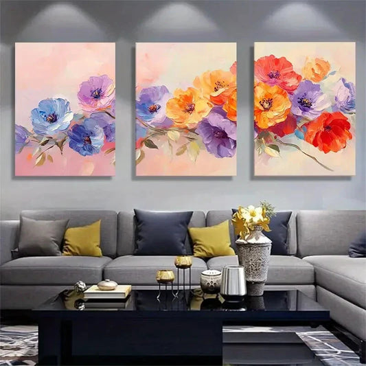 3pcs Vibrant Colorful Flower Oil Painting Style Metal Print Ready to Hang Art