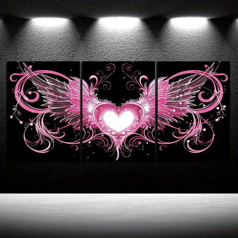 3pcs Wings Of Love Pink & White Metal Print Ready to Hang Art