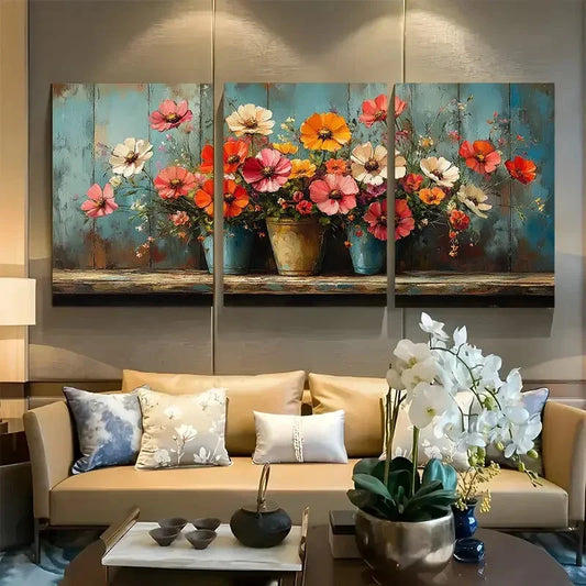 3pcs Vibrant Potted Flowers Cottagecore Garden Metal Print Ready to Hang Art