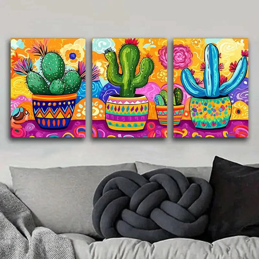 3pcs Cactus in colorful flower POTS Metal Print Ready to Hang Art
