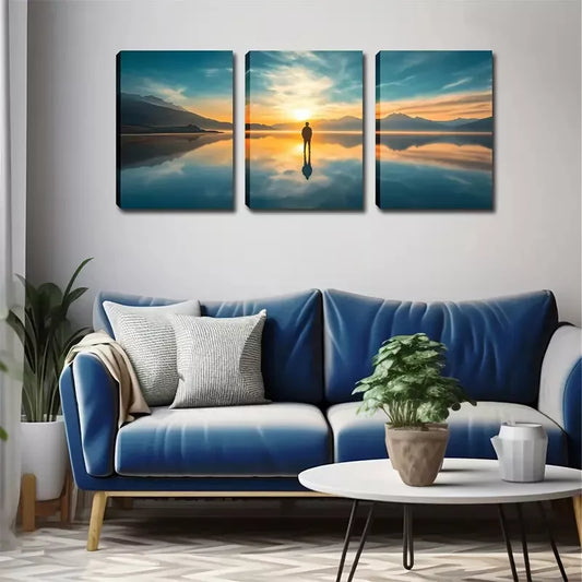 3pcs A Person On The Lake Wall Art Set Canvas Framed 40x60cm - High Quality Print 100% Australian Made Wall Canvas Ready to Hang