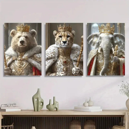 3pcs Bear and cheetah elephant wearing crown Metal Print Ready to Hang Art