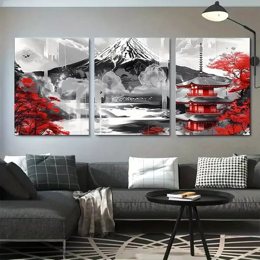 3pcs Mount Fuji and Red Temple Japanese Canvas Framed 40x60cm - High Quality Print 100% Australian Made Wall Canvas Ready to Hang