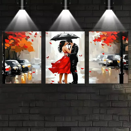 3pcs Romantic Couple on Road with Umbrella Wall Art Set Canvas Framed 40x60cm - High Quality Print 100% Australian Made Wall Canvas Ready to Hang