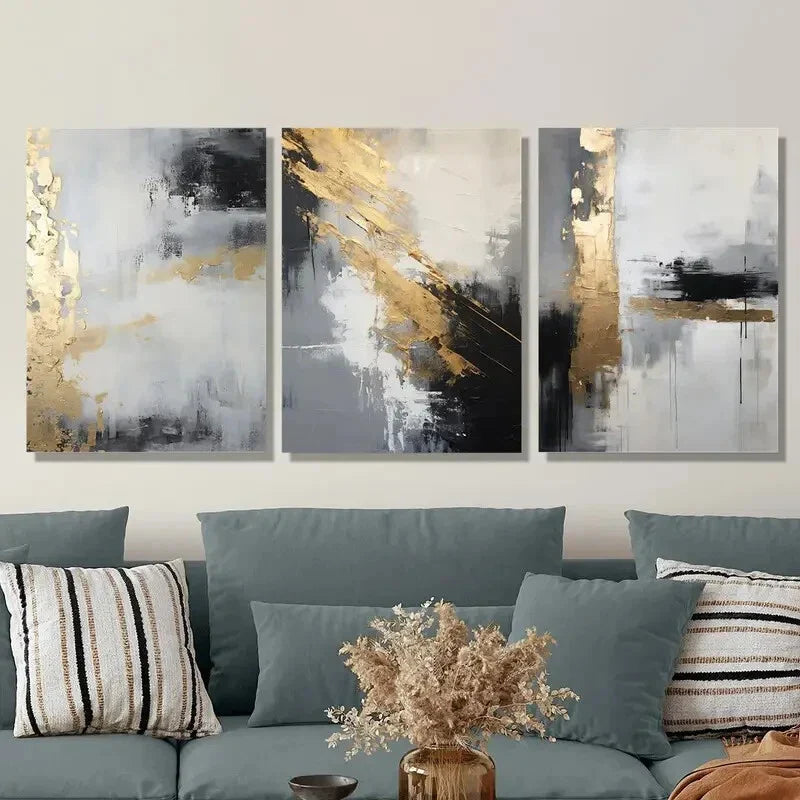 3pcs Golden Black Abstract Modern Textured Metal Print Ready to Hang Art