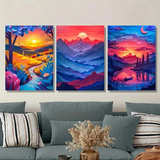 3pcs Rich valley, landscape at sunset, Metal Print Ready to Hang Art
