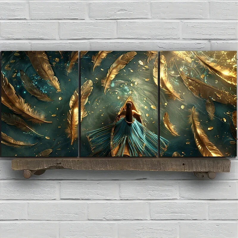 3pcs Golden Feather and Boat ThemedMetal Print Ready to Hang Art