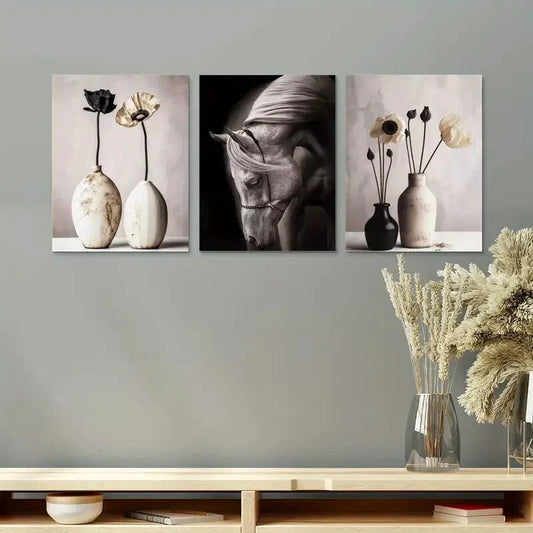 3pcs Dry Flower And Horse Illustrations Metal Print Ready to Hang Art