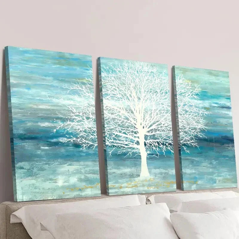 3pcs Abstract cyan and blue landscape painting Wall Art Set Canvas Framed 40x60cm - High Quality Print 100% Australian Made Wall Canvas Ready to Hang