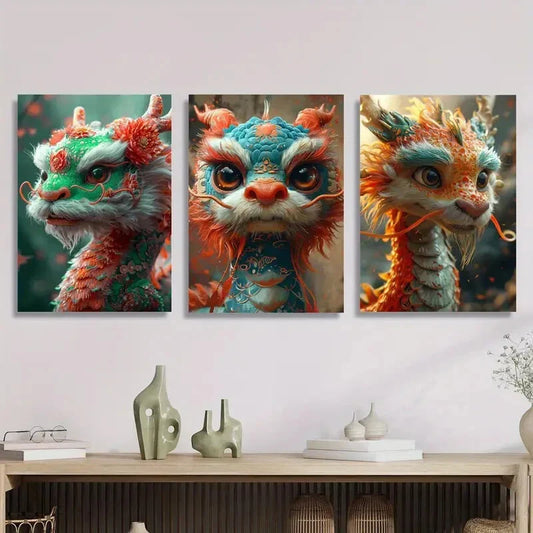 3pcs Oriental Mythical Dragon, Loong, Fantasy Metal Print Ready to Hang Art