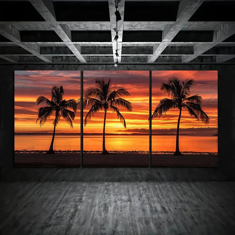 3pcs A Sunset Beach with Palm Trees Orange Sky Metal Print Ready to Hang Art