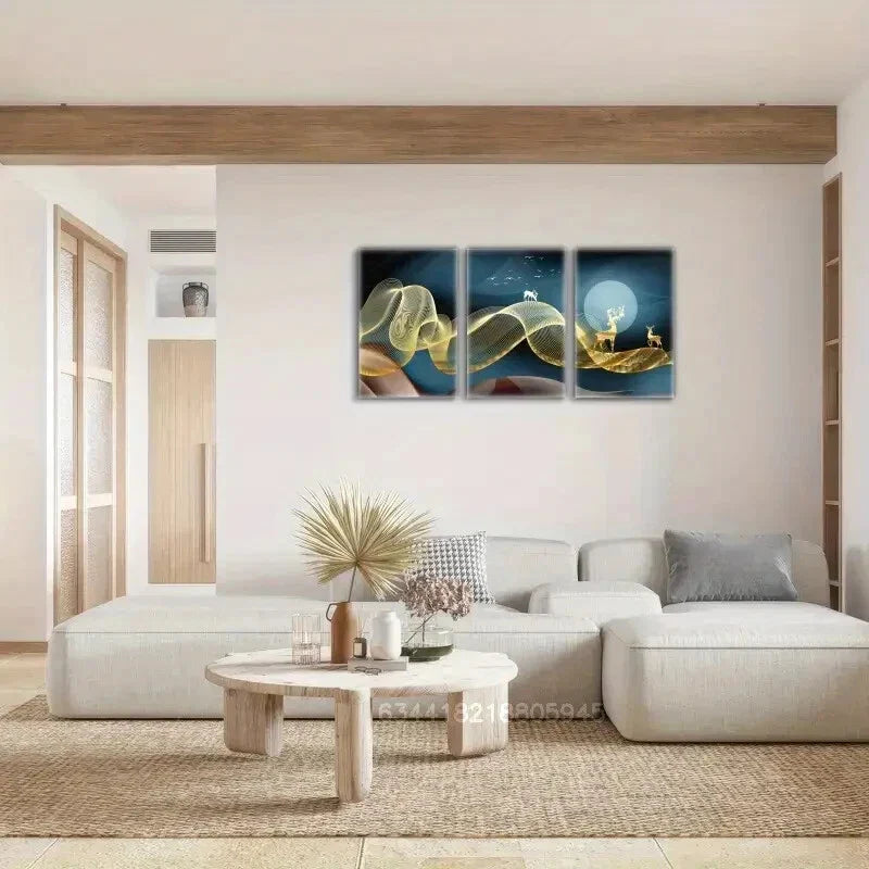 3pcs Golden sika deer and Golden ribbons Metal Print Ready to Hang Art