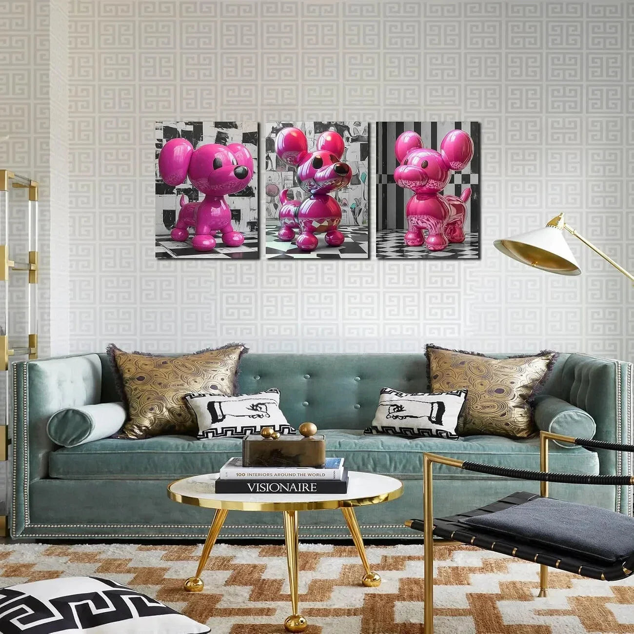3pcs Pink Dog Modern Painting Black Eyes Metal Print Ready to Hang Art