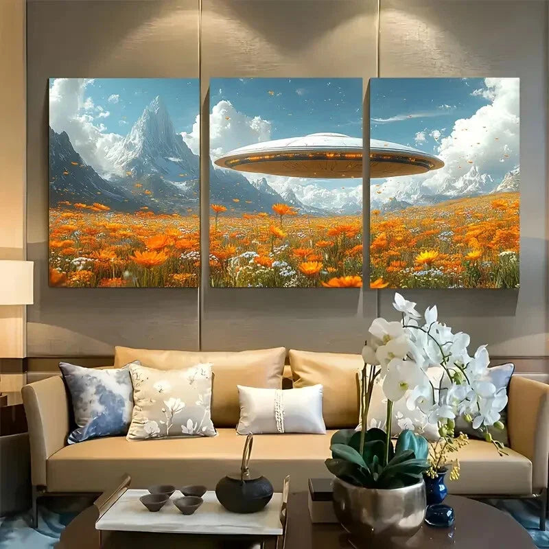 3pcs Vibrant UFO & Wildflower Meadow Metal Print Ready to Hang Art