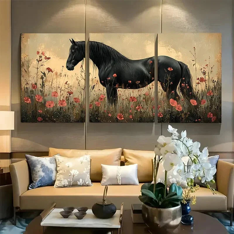 3pcs Dark Academia Equestrian Horse with Florals Metal Print Ready to Hang Art