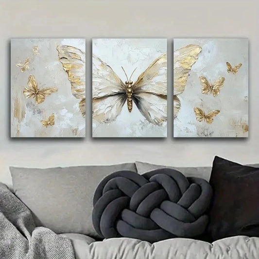 3pcs Butterfly Canvas Painting In Golden Leaf Metal Print Ready to Hang Art
