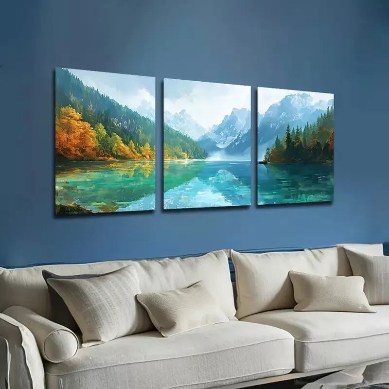 3pcs Featuring Green Lakes And Mountains Wall Art Set Canvas Framed 40x60cm - High Quality Print 100% Australian Made Wall Canvas Ready to Hang