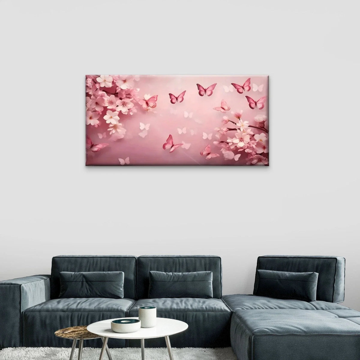 Pink Butterfly Flowers Wall Art Canvas Office Home Room Framed 80x45cm