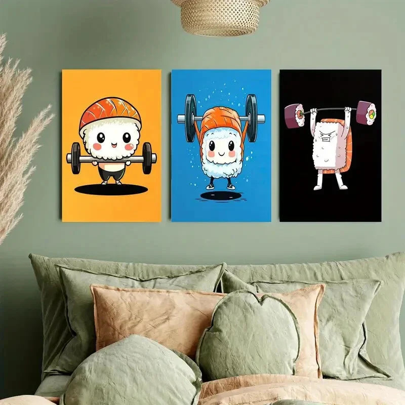 3pcs Sushi Weightlifting with a Blue Background Metal Print Ready to Hang Art