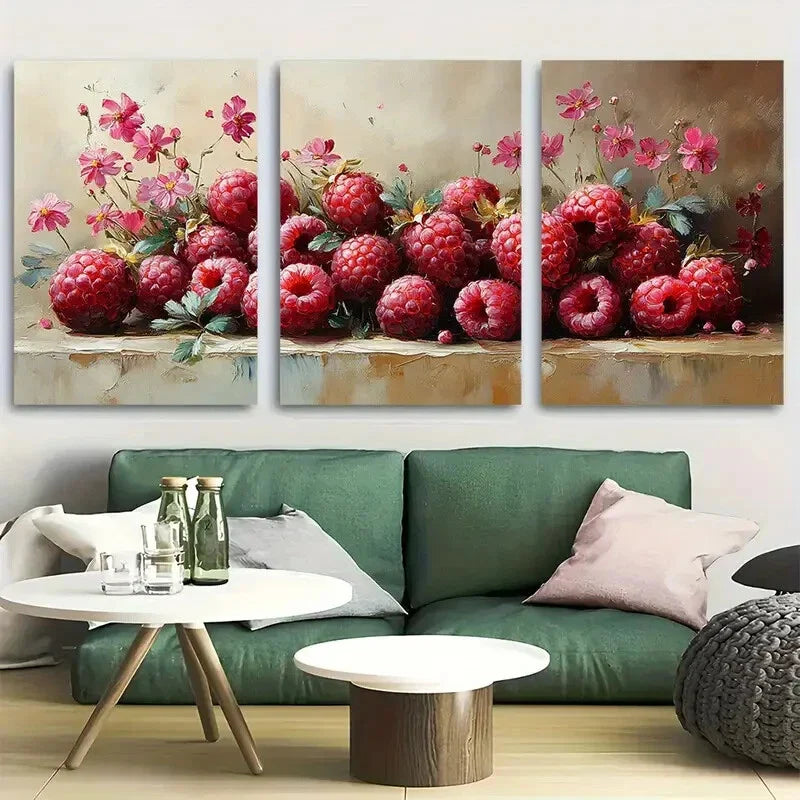 3pcs Bright Raspberries And Flowers Design Metal Print Ready to Hang Art