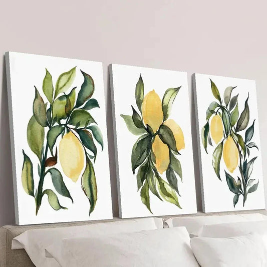 3pcs Vibrant Yellow Lemons with Green Leaves Wall Art Set Canvas Framed 40x60cm - High Quality Print 100% Australian Made Wall Canvas Ready to Hang