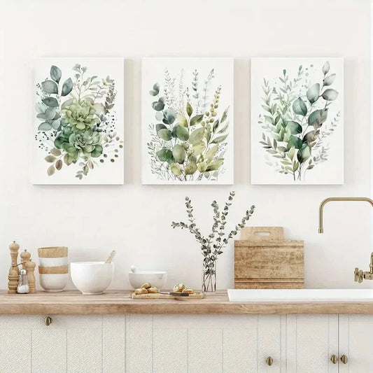 3pcs Sage Green & Beige Wildflowers, Bohemian Metal Print Ready to Hang Art