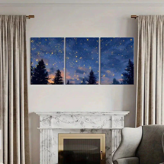 3pcs Enchanted Forest Night Sky Glittering Stars Metal Print Ready to Hang Art