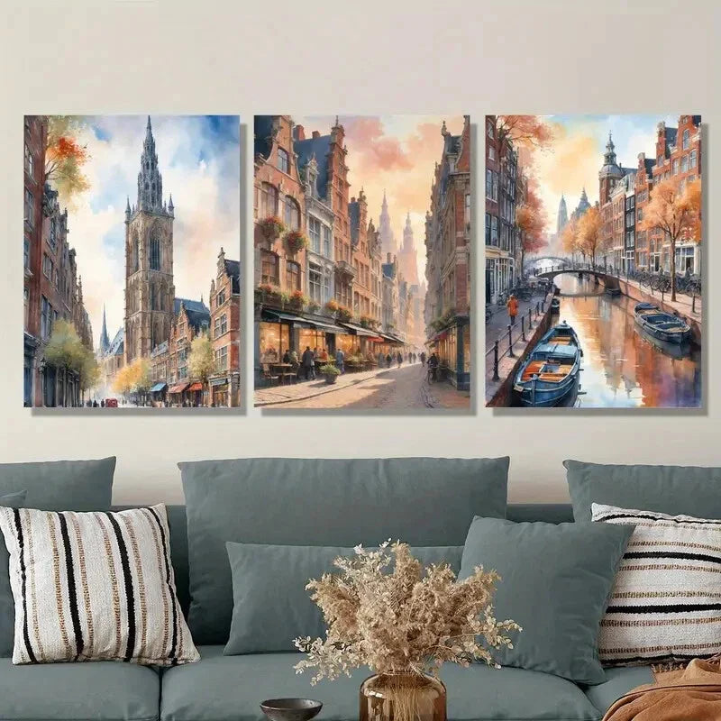 3pcs Watercolor landscape with cathedral Metal Print Ready to Hang Art
