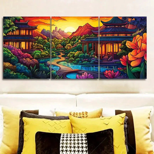 3pcs Colorful ancient Chinese buildings Wall Art Set Canvas Framed 40x60cm - High Quality Print 100% Australian Made Wall Canvas Ready to Hang
