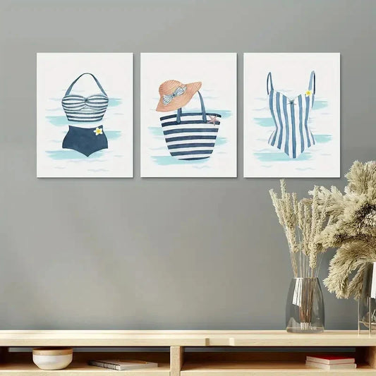 3pcs Vintage Swimsuit Bathing Design Metal Print Ready to Hang Art