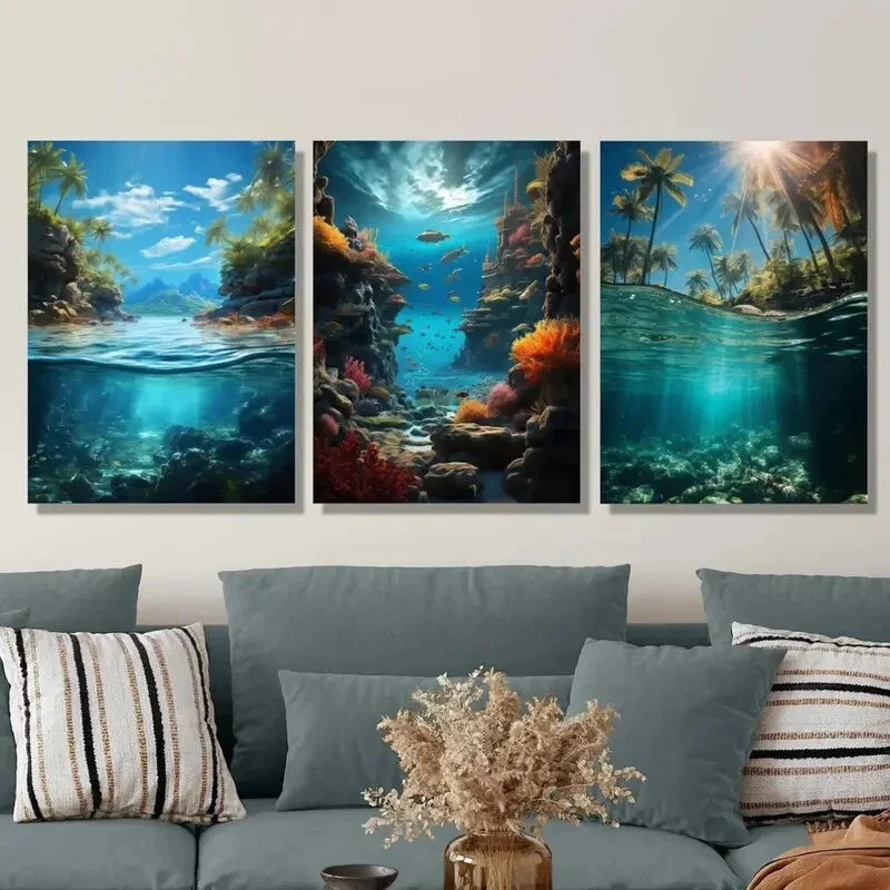 3pcs Tropical Island Paradise with Palm Trees Metal Print Ready to Hang Art
