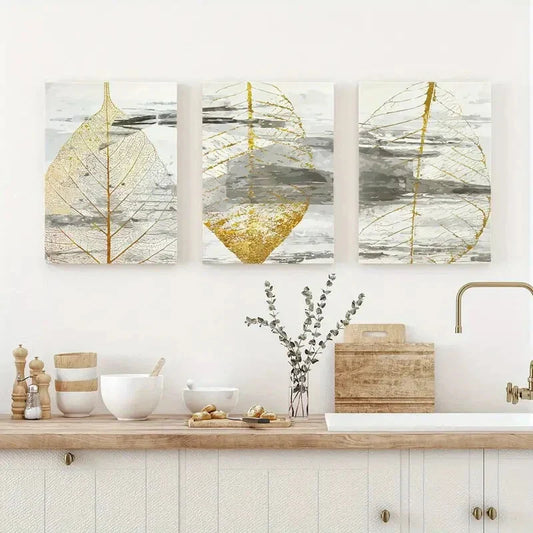 3pcs Abstract Yellow Leaves Metal Print Ready to Hang Art