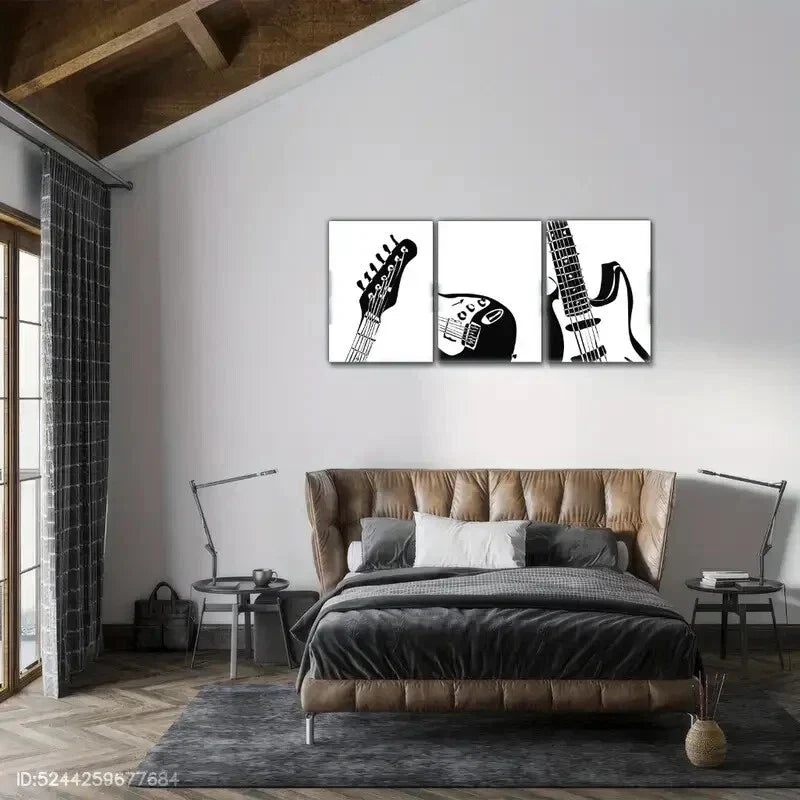 3pcs Guitar Mural Simple Black And White Art Metal Print Ready to Hang Art