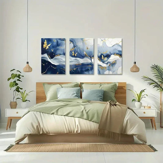 3pcs Golden Butterflies on Blue and White Background Metal Print Ready to Hang Art