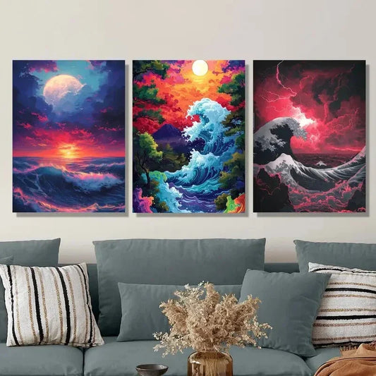3pcs Colorful Abstract Ocean Scenes Metal Print Ready to Hang Art