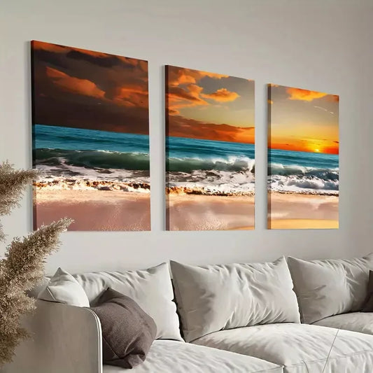 3pcs Sunset Ocean Wave Beach Canvas Framed 40x60cm - High Quality Print 100% Australian Made Wall Canvas Ready to Hang