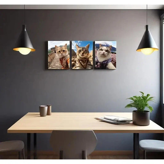 3pcs Funny Cats at Great Wall Pyramid & Mount Fuji Metal Print Ready to Hang Art
