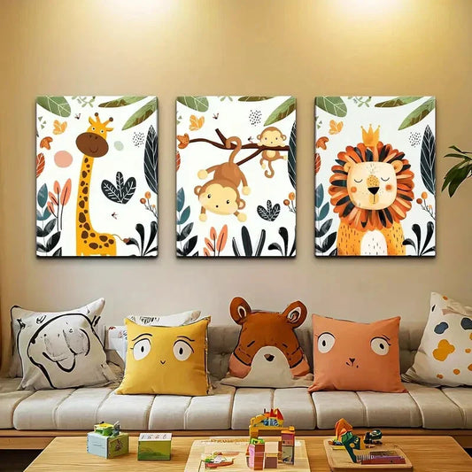 3pcs Cute Animals, Oil Painting Metal Print Ready to Hang Art