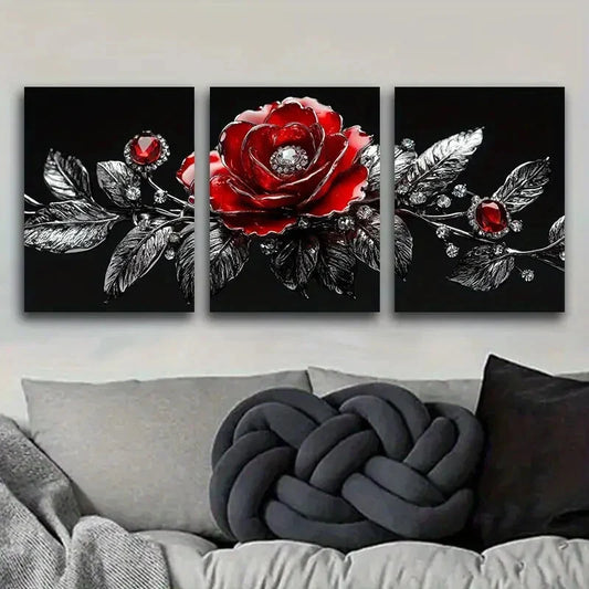 3pcs Jewel rose Art Painting Metal Print Ready to Hang Art