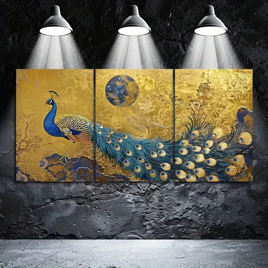 3pcs Peacock & Moon Art Canvas Framed 40x60cm - High Quality Print 100% Australian Made Wall Canvas Ready to Hang