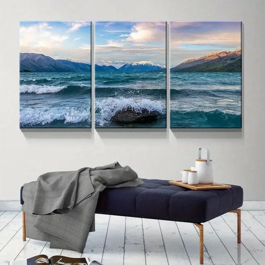3pcs Turquoise Lake and Mountain Picture Metal Print Ready to Hang Art