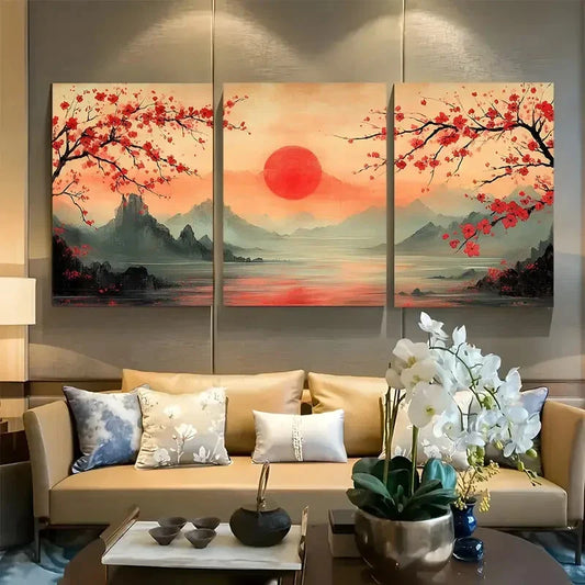 3pcs Japanese Landscape Cherry Blossom Metal Print Ready to Hang Art