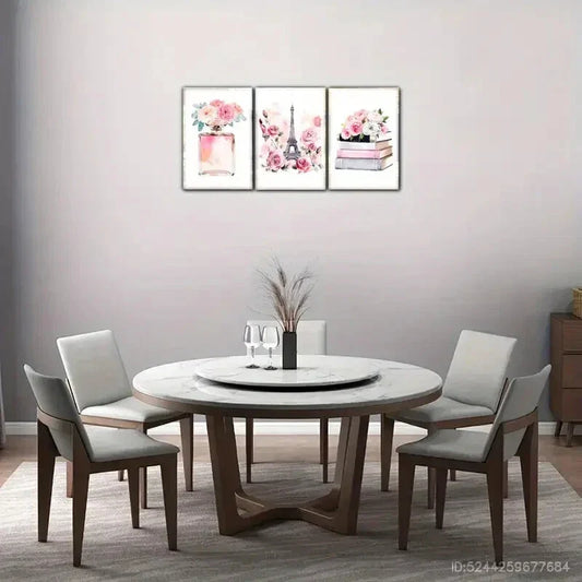 3pcs Eiffel Tower and Flowers Book and Flowers Metal Print Ready to Hang Art